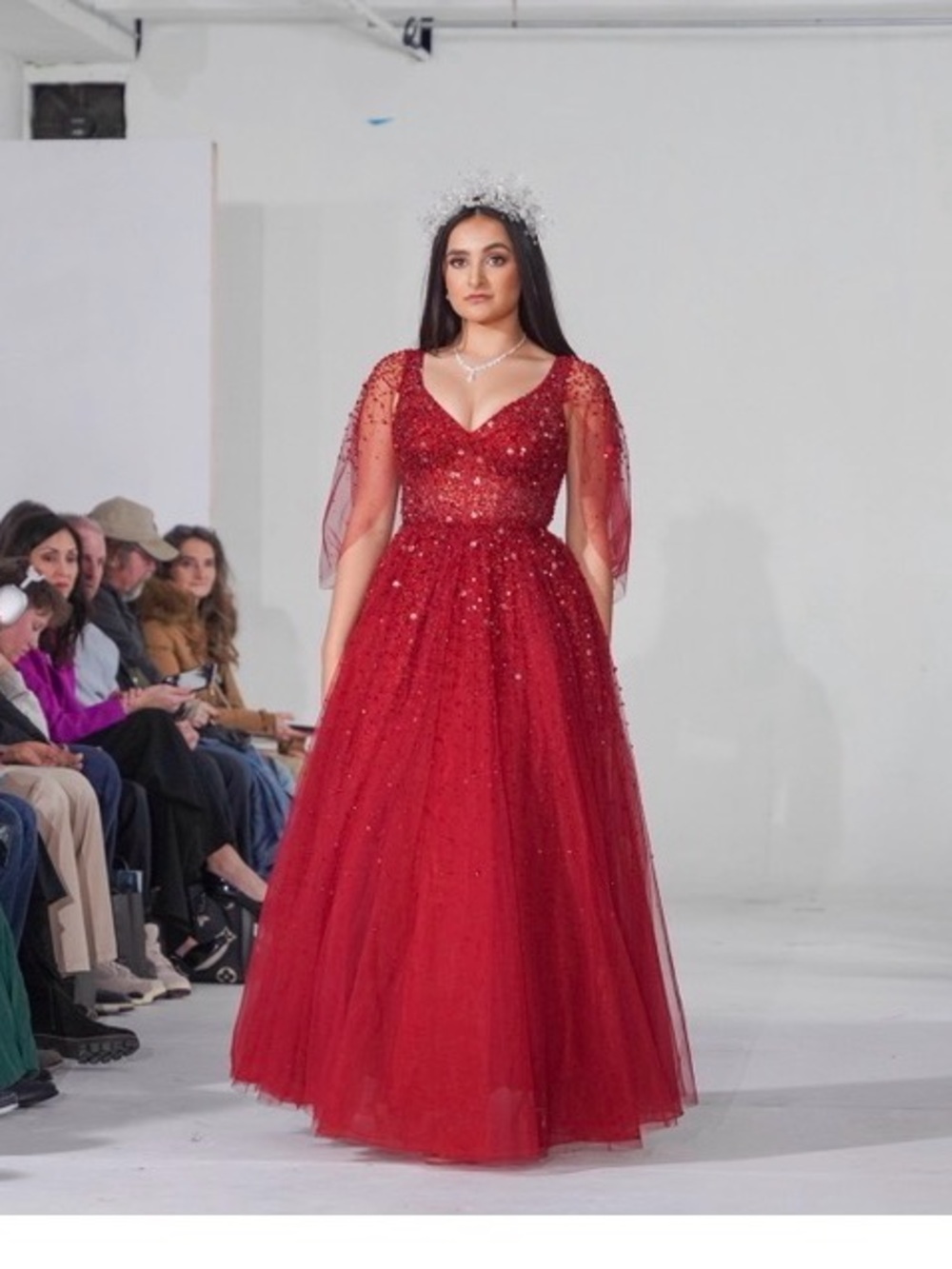 Red Beaded Tulle Prom or Pageant Gown with V-Neck and Sheer Cape Sleeves. Size 8